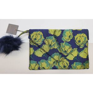 NWT Monserat De Lucca Floral Brocade Envelope Clutch Bag Navy Pom Pom